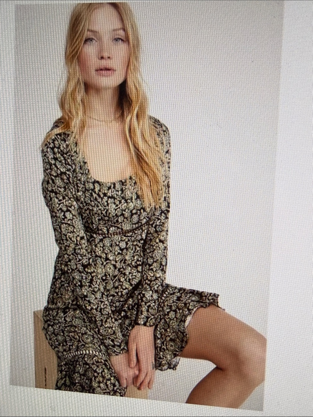 Free People Boho Black Floral Sq Neck Long-Sleeve Tie Back Lined Mini Dress 6